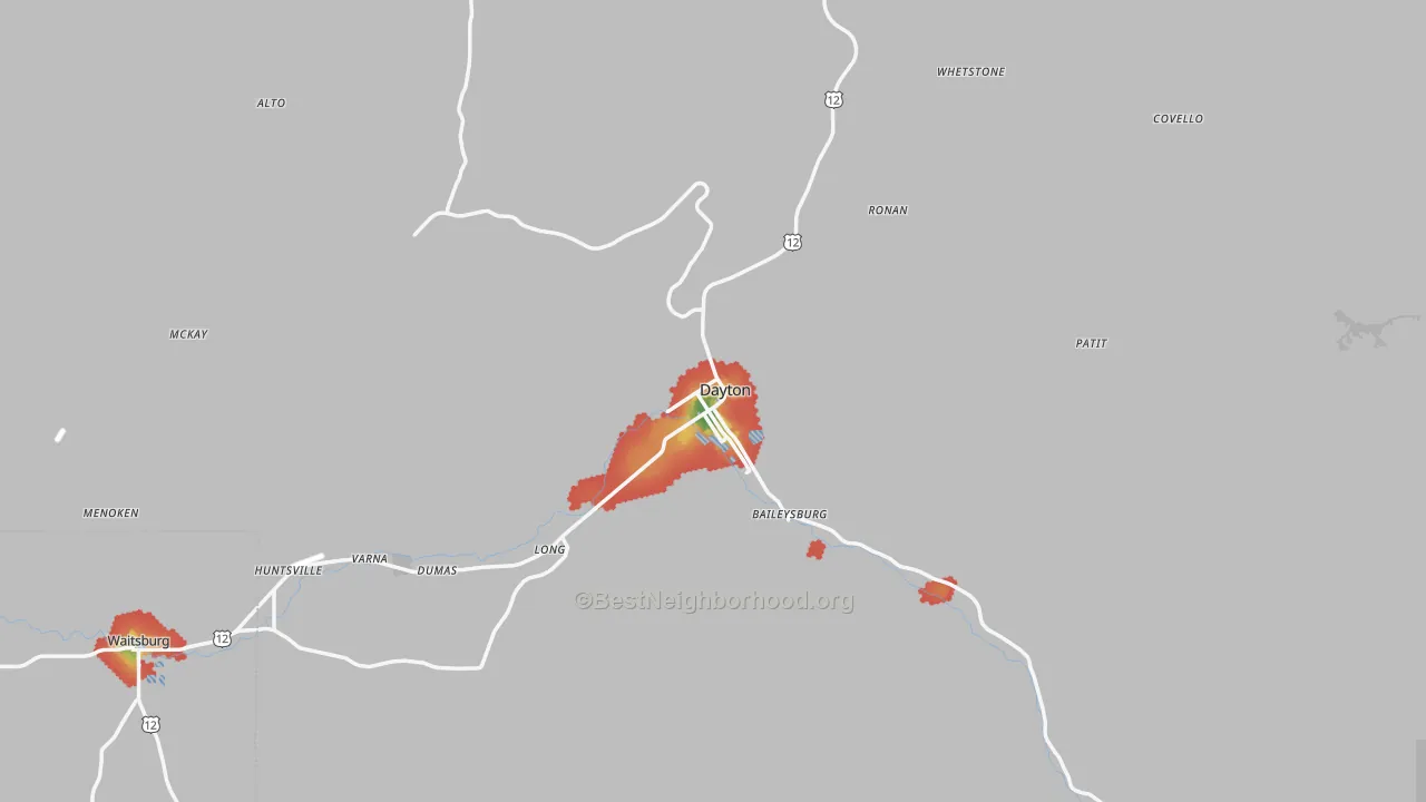 Walk Grade map of Columbia County, WA, walkable areas in green and car-dependent areas in red