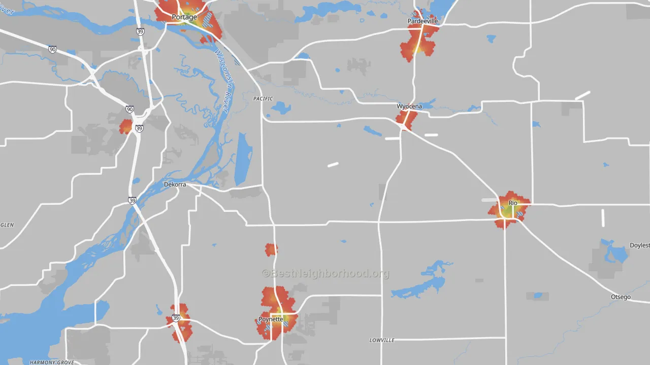 Walk Grade map of Columbia County, WI, walkable areas in green and car-dependent areas in red