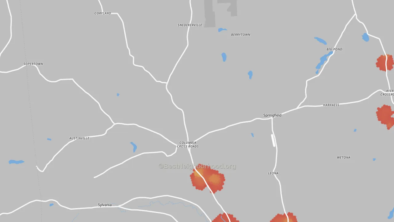 Walk Grade map of Columbia Cross Roads, PA, walkable areas in green and car-dependent areas in red