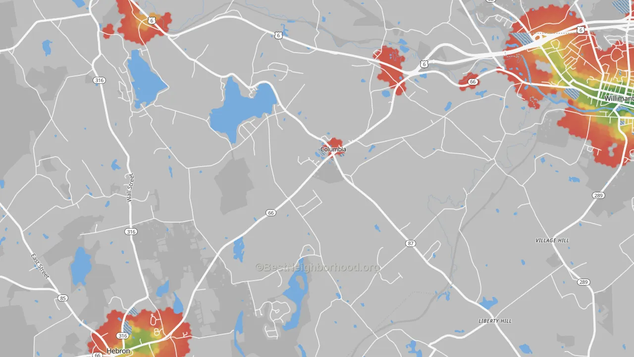 Walk Grade map of Columbia, CT, walkable areas in green and car-dependent areas in red
