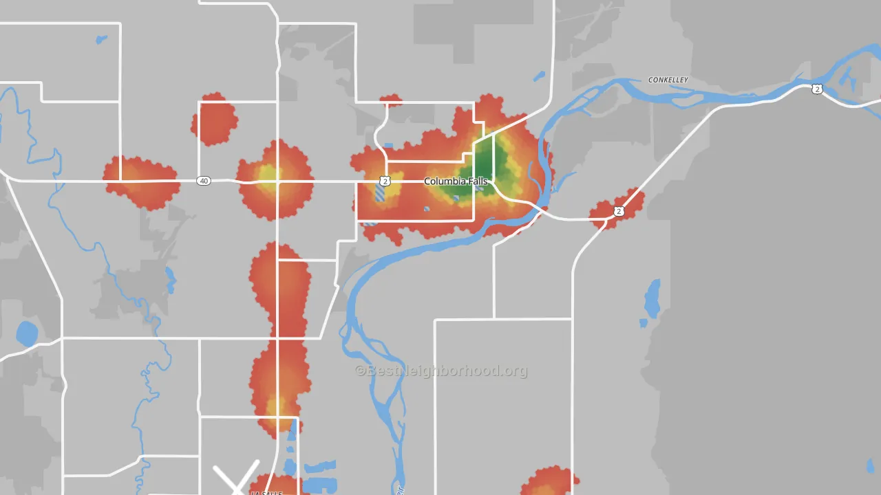 Walk Grade map of Columbia Falls, MT, walkable areas in green and car-dependent areas in red