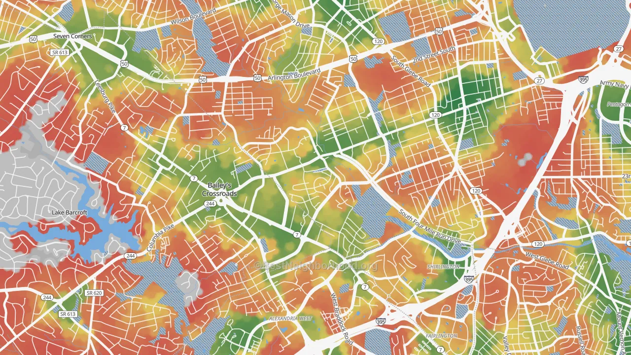 Walk Grade map of Columbia Forest, Arlington, VA, walkable areas in green and car-dependent areas in red