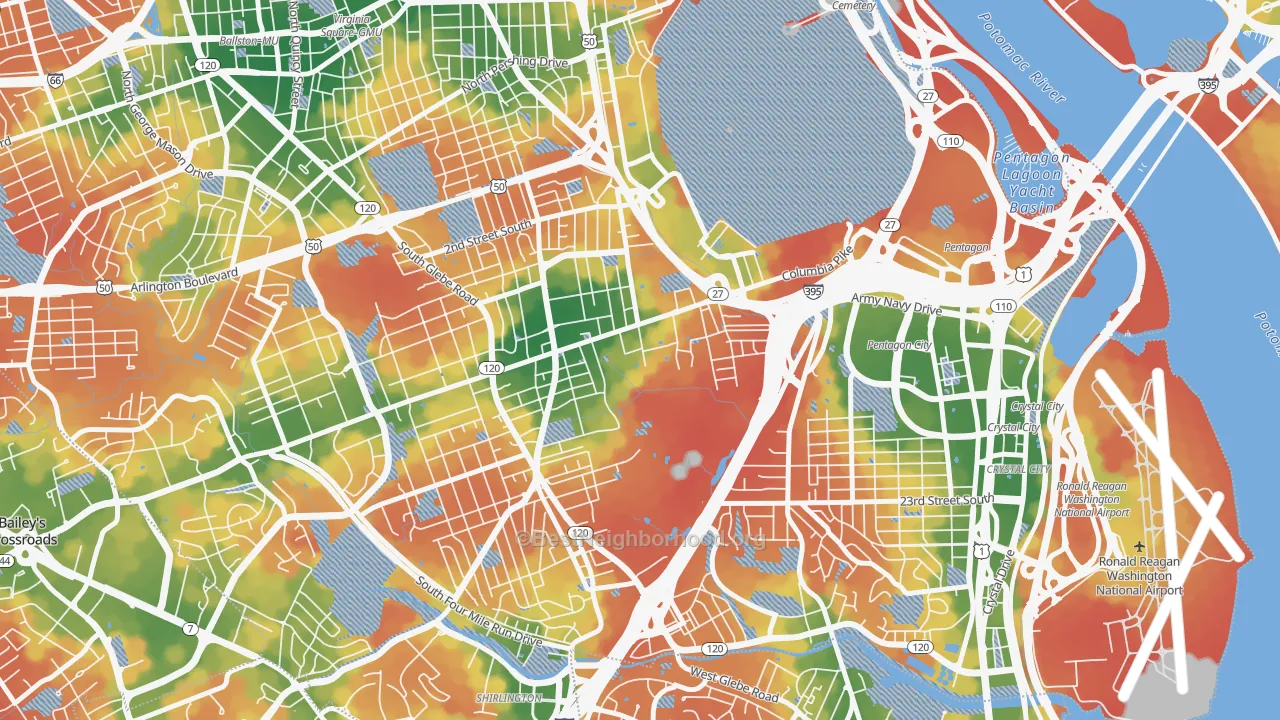 Walk Grade map of Columbia Heghts, Arlington, VA, walkable areas in green and car-dependent areas in red