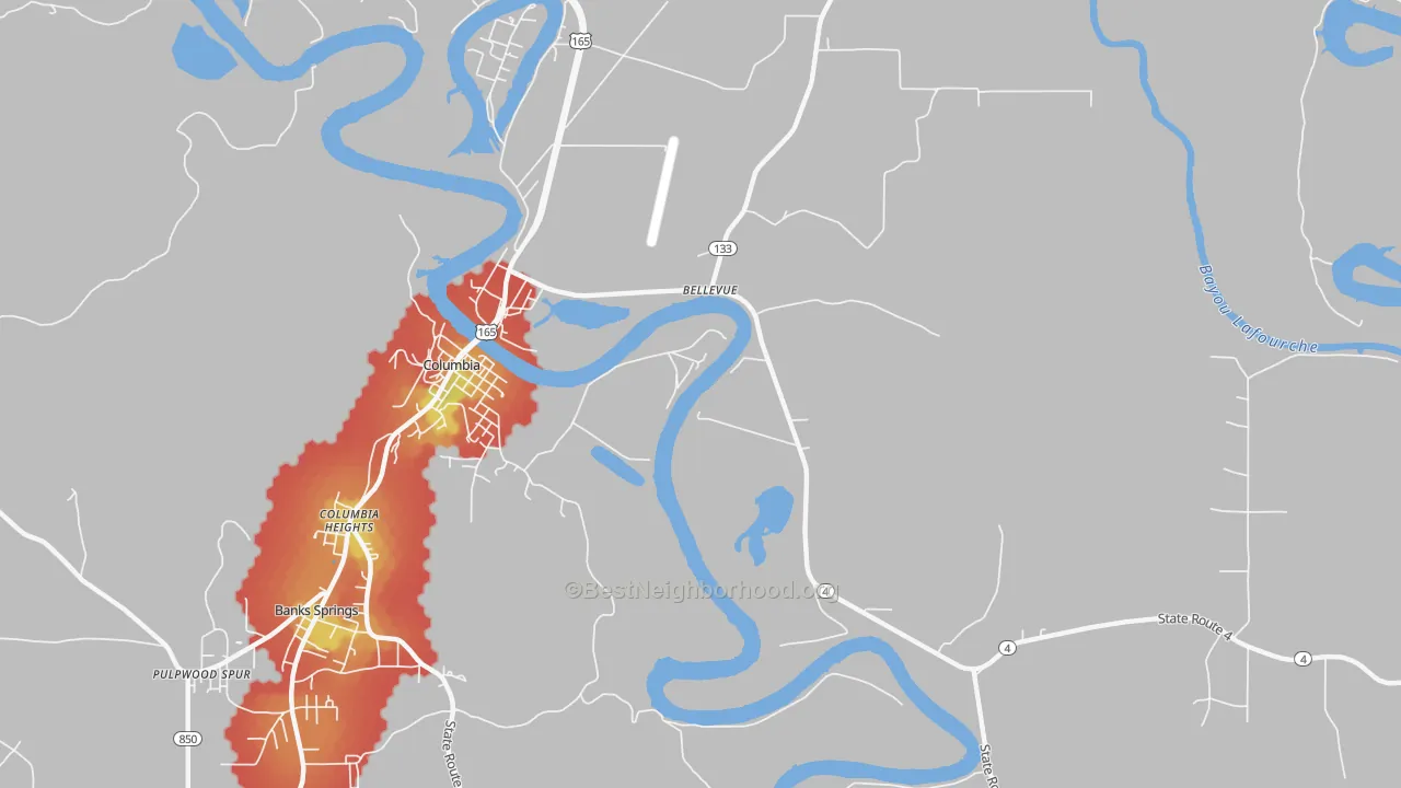 Walk Grade map of Columbia Heights, LA, walkable areas in green and car-dependent areas in red