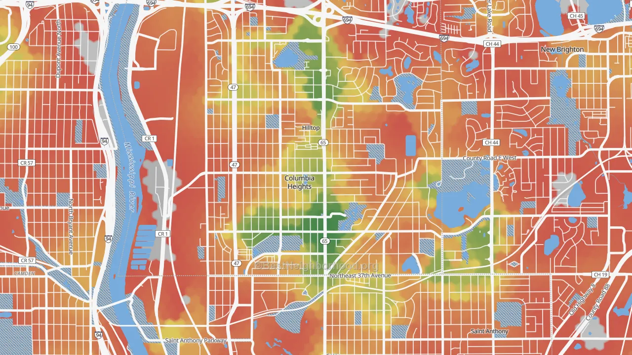 Walk Grade map of Columbia Heights, MN, walkable areas in green and car-dependent areas in red