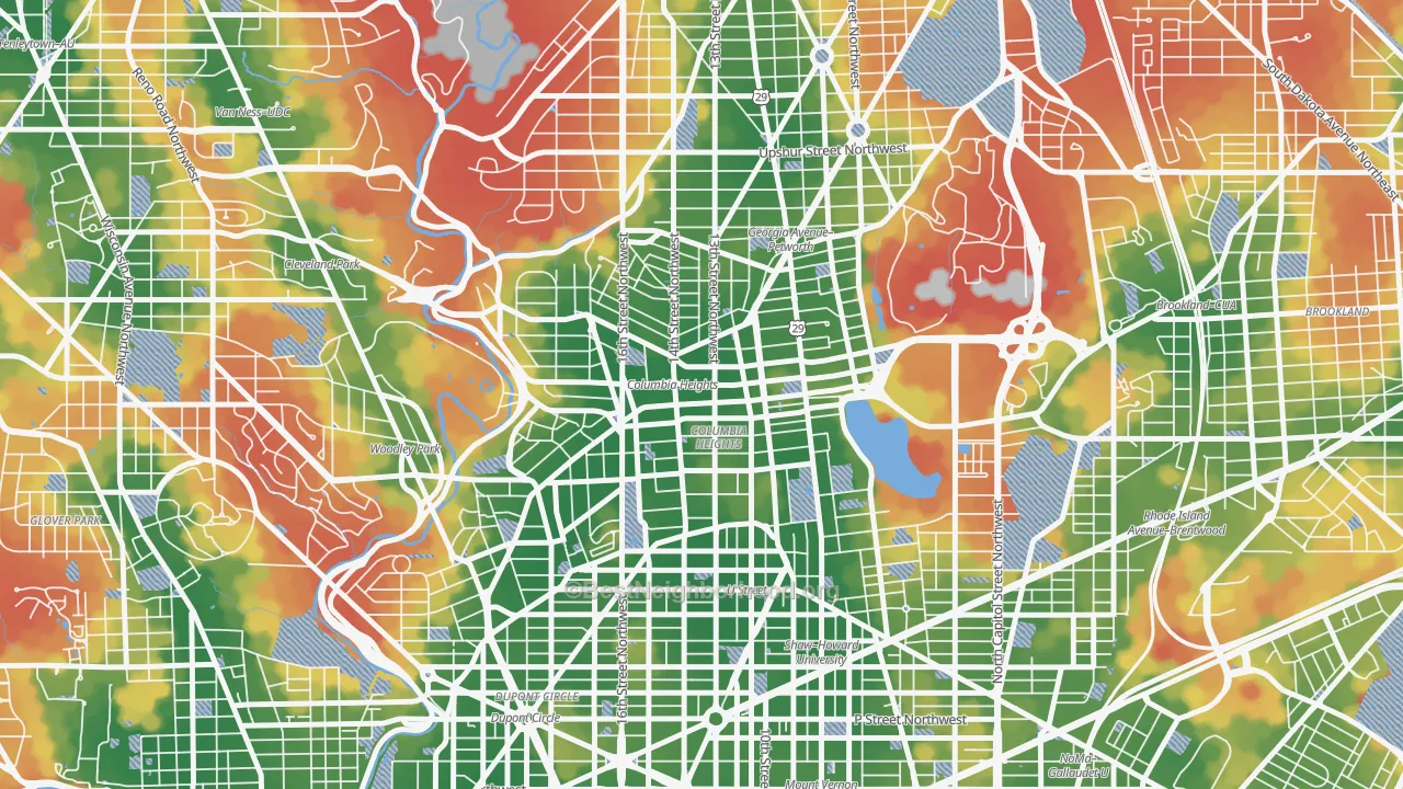 Walk Grade map of Columbia Heights, Washington, DC, walkable areas in green and car-dependent areas in red