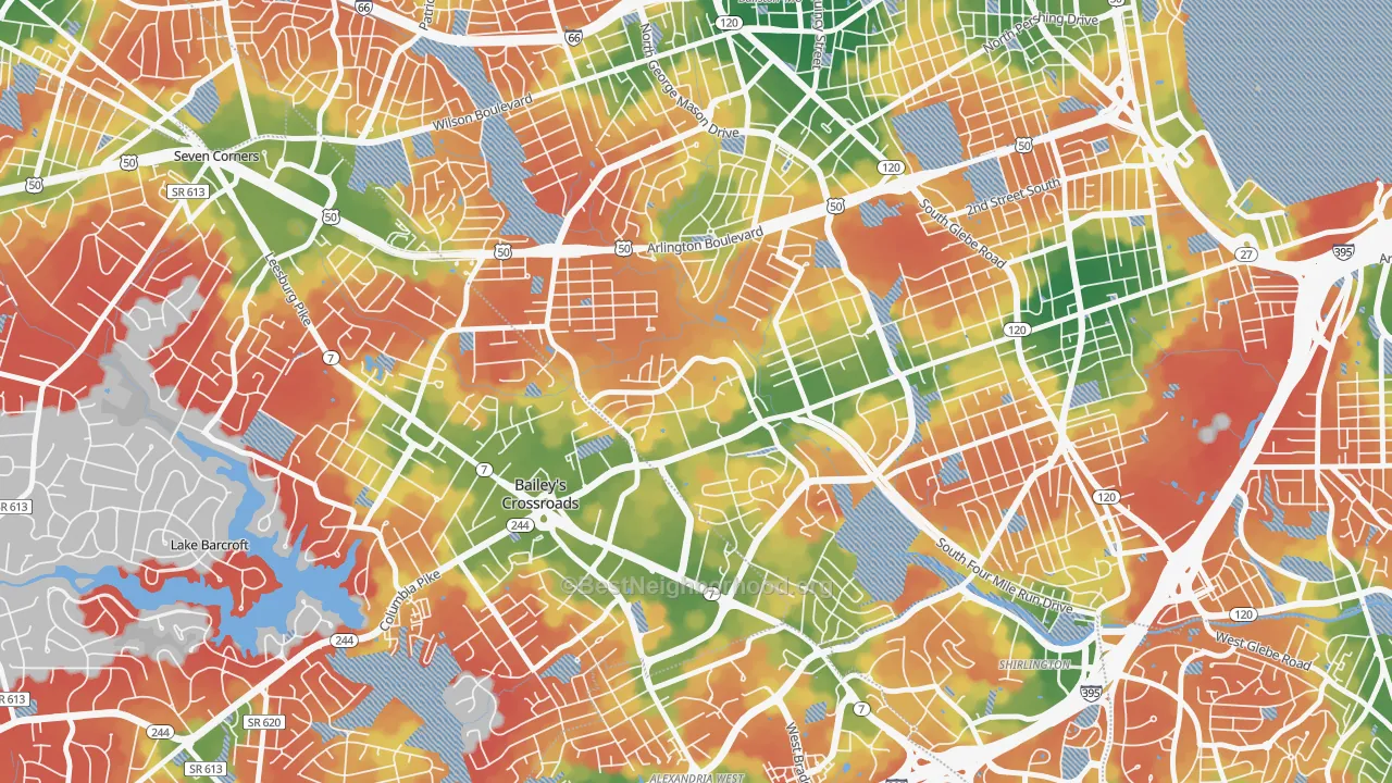 Walk Grade map of Columbia Heights West, Arlington, VA, walkable areas in green and car-dependent areas in red