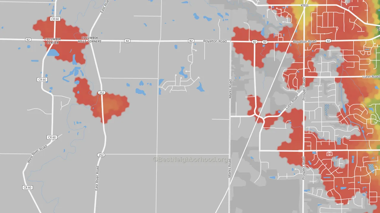 Walk Grade map of Columbia Hills Corners, OH, walkable areas in green and car-dependent areas in red