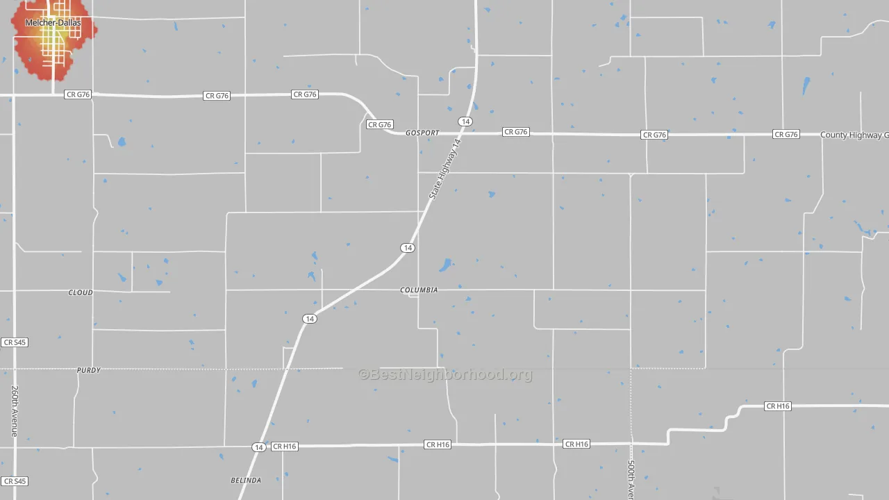 Walk Grade map of Columbia, IA, walkable areas in green and car-dependent areas in red