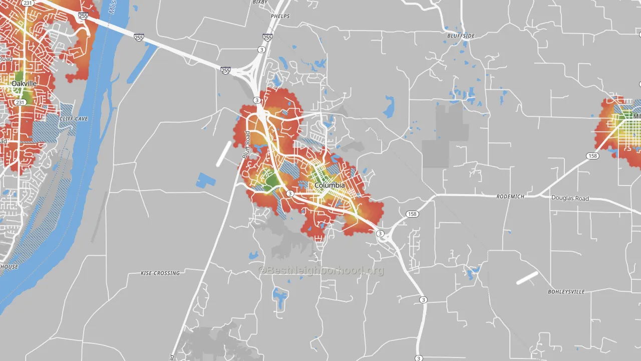 Walk Grade map of Columbia, IL, walkable areas in green and car-dependent areas in red