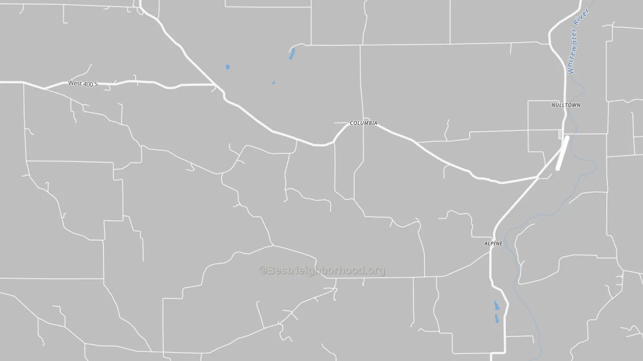 Walk Grade map of Columbia, IN, walkable areas in green and car-dependent areas in red