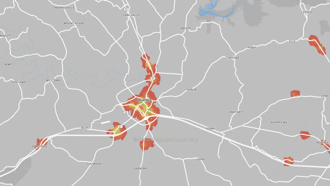 Walk Grade map of Columbia, KY, walkable areas in green and car-dependent areas in red