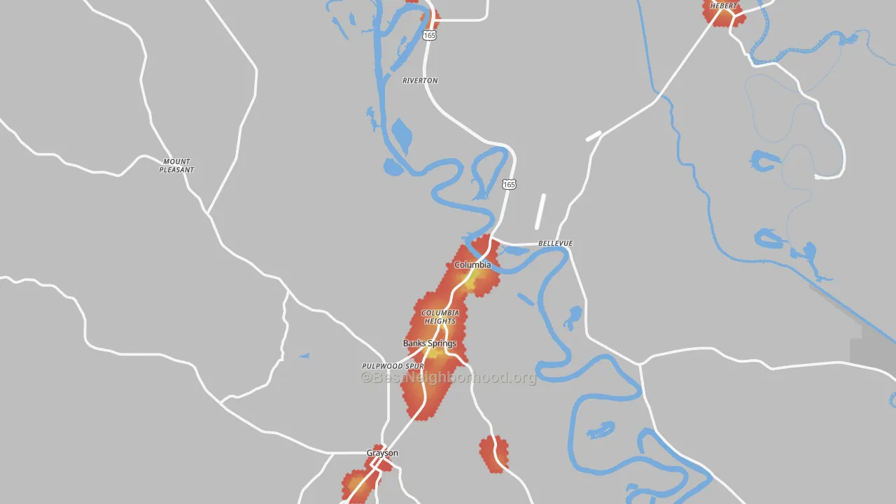 Walk Grade map of Columbia, LA, walkable areas in green and car-dependent areas in red