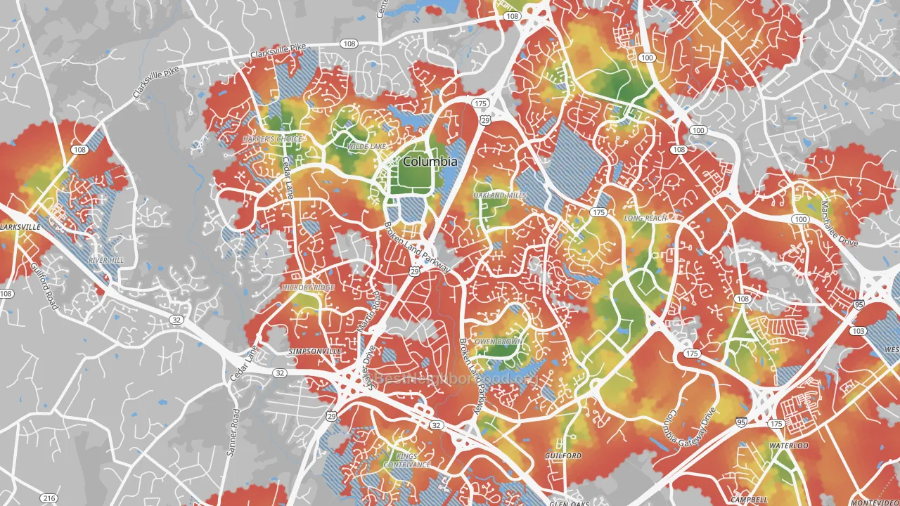 Walk Grade map of Columbia, MD, walkable areas in green and car-dependent areas in red