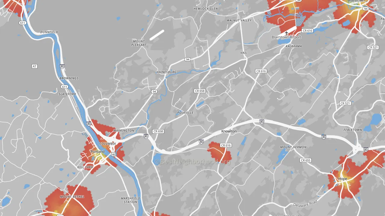 Walk Grade map of Columbia, NJ, walkable areas in green and car-dependent areas in red