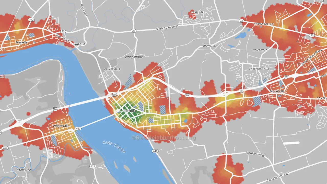 Walk Grade map of Columbia, PA, walkable areas in green and car-dependent areas in red