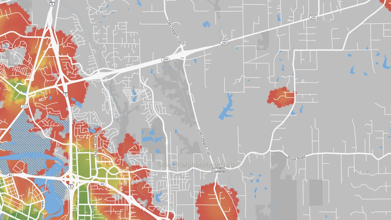 Walk Grade map of Columbia, Redding, CA, walkable areas in green and car-dependent areas in red
