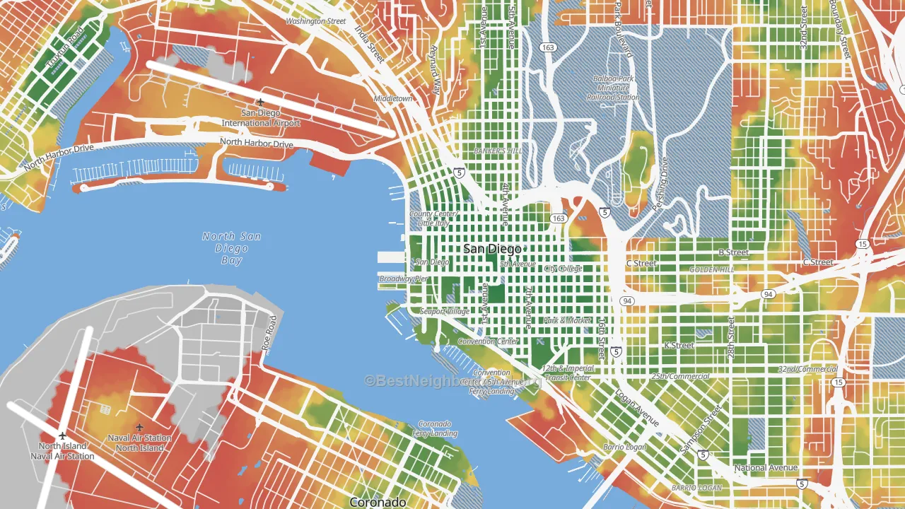 Walk Grade map of Columbia San Diego, San Diego, CA, walkable areas in green and car-dependent areas in red