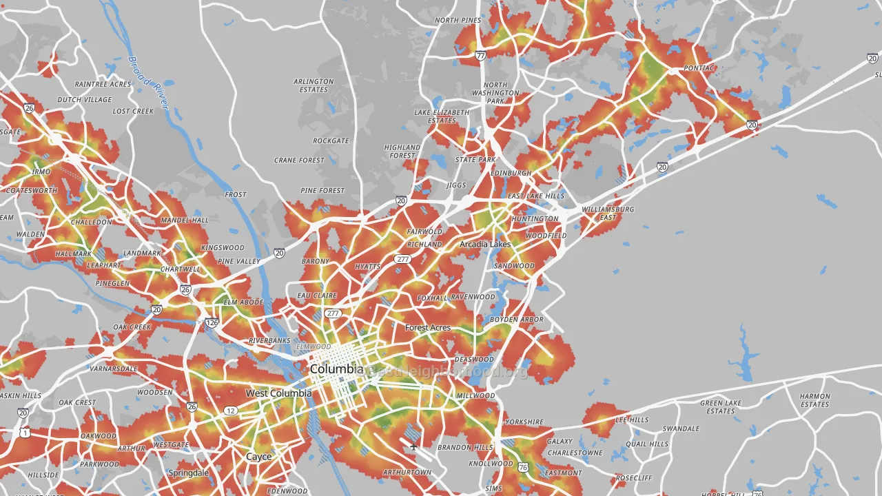 Walk Grade map of Columbia, SC, walkable areas in green and car-dependent areas in red