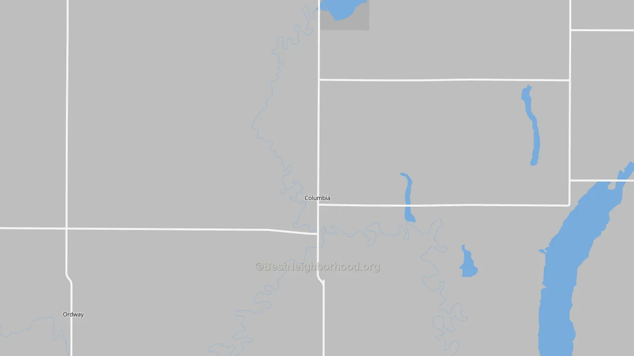 Walk Grade map of Columbia, SD, walkable areas in green and car-dependent areas in red