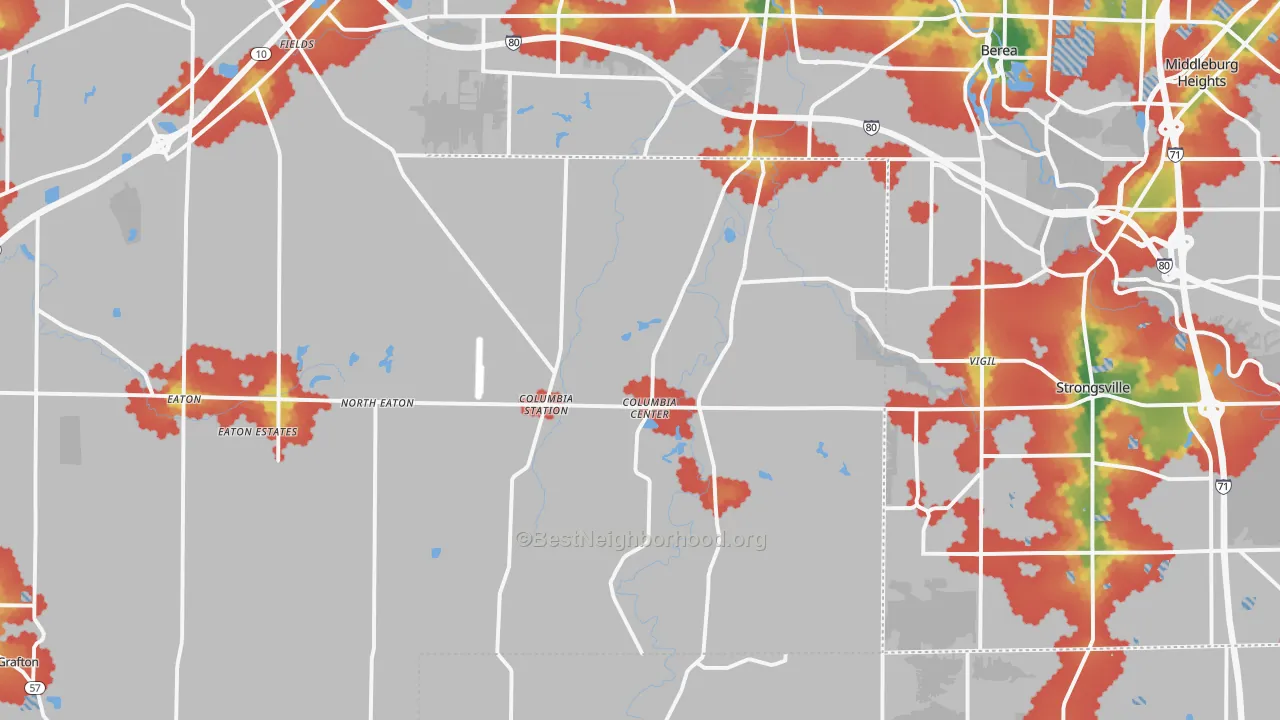 Walk Grade map of Columbia Station, OH, walkable areas in green and car-dependent areas in red