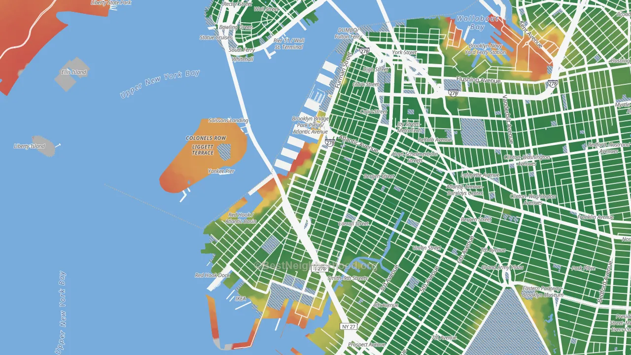 Walk Grade map of Columbia Street Waterfront District, Brooklyn, NY, walkable areas in green and car-dependent areas in red
