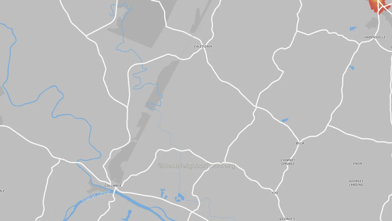 Walk Grade map of Columbia, VA, walkable areas in green and car-dependent areas in red