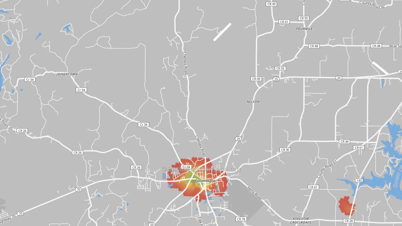 Walk Grade map of Columbiana, AL, walkable areas in green and car-dependent areas in red