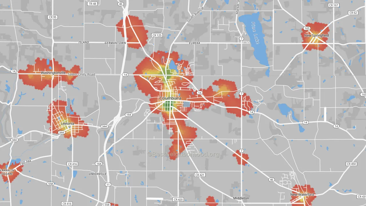 Walk Grade map of Columbiana, OH, walkable areas in green and car-dependent areas in red
