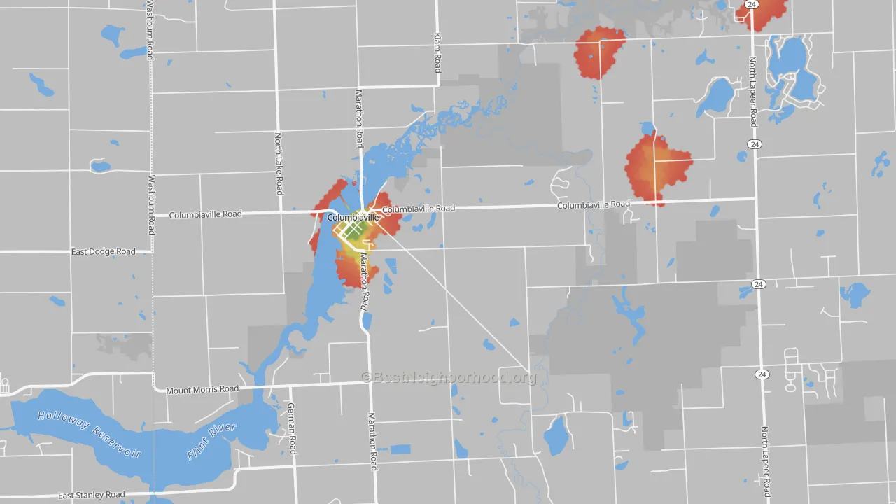 Walk Grade map of Columbiaville, MI, walkable areas in green and car-dependent areas in red