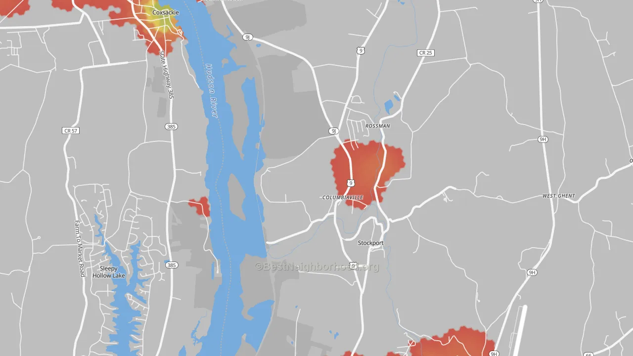Walk Grade map of Columbiaville, NY, walkable areas in green and car-dependent areas in red