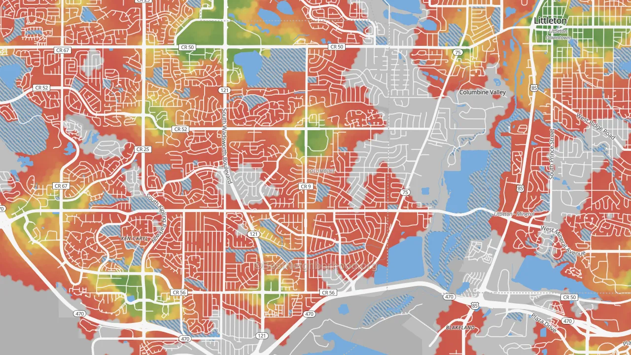 Walk Grade map of Columbine, CO, walkable areas in green and car-dependent areas in red
