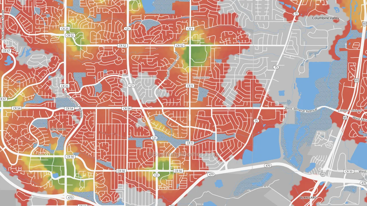 Walk Grade map of Columbine Knolls South, Columbine, CO, walkable areas in green and car-dependent areas in red