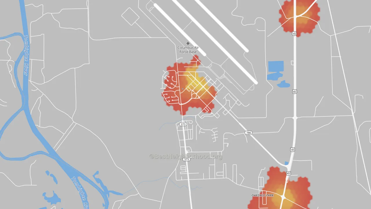 Walk Grade map of Columbus AFB, MS, walkable areas in green and car-dependent areas in red
