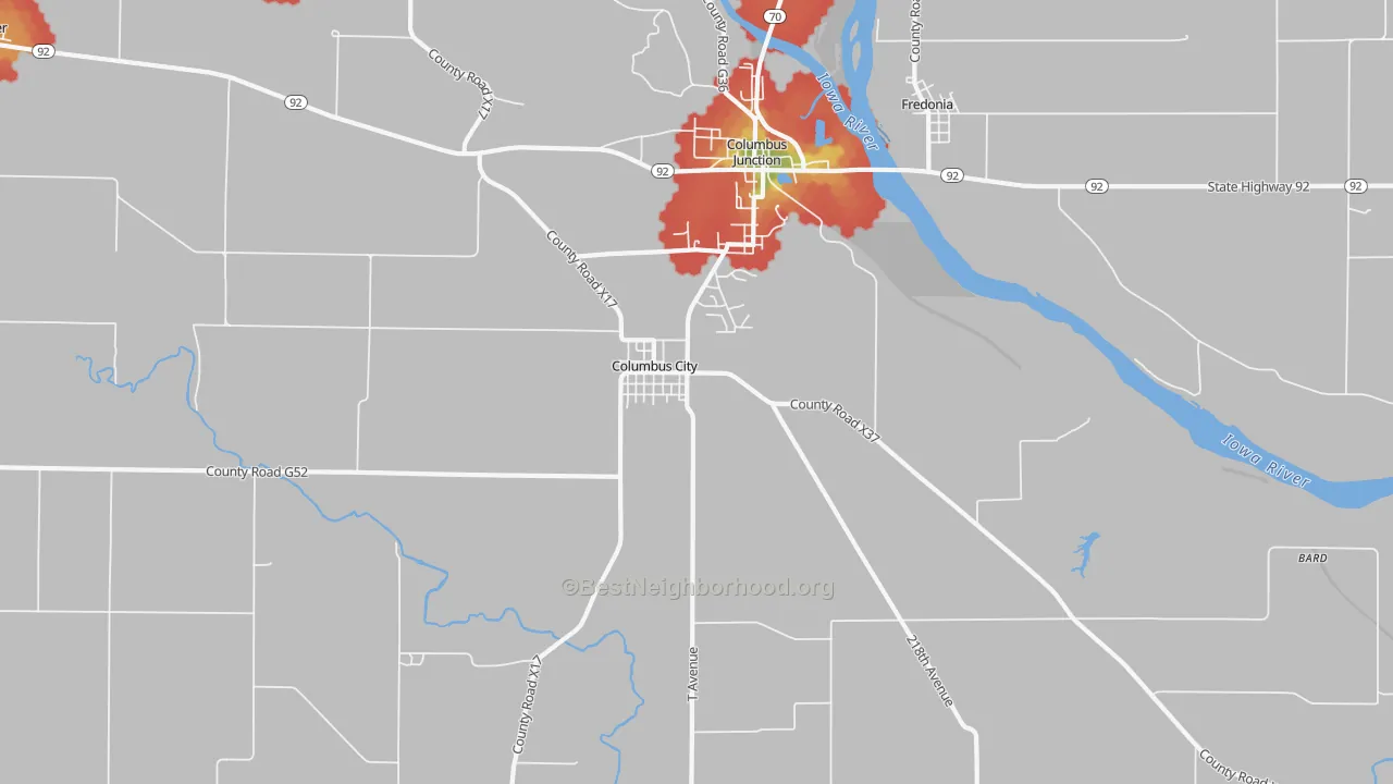 Walk Grade map of Columbus City, IA, walkable areas in green and car-dependent areas in red