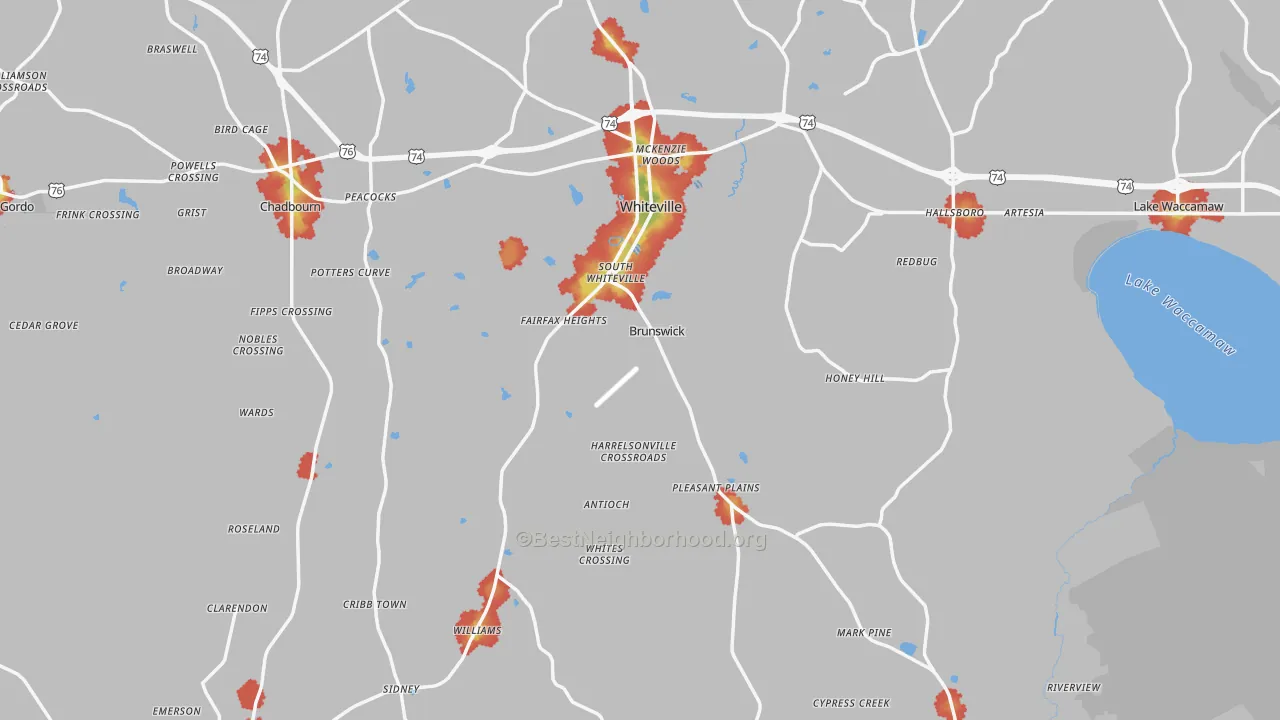 Walk Grade map of Columbus County, NC, walkable areas in green and car-dependent areas in red