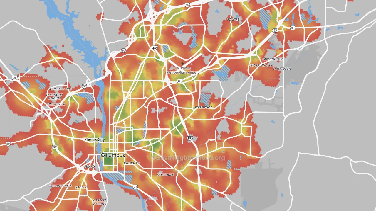 Walk Grade map of Columbus, GA, walkable areas in green and car-dependent areas in red
