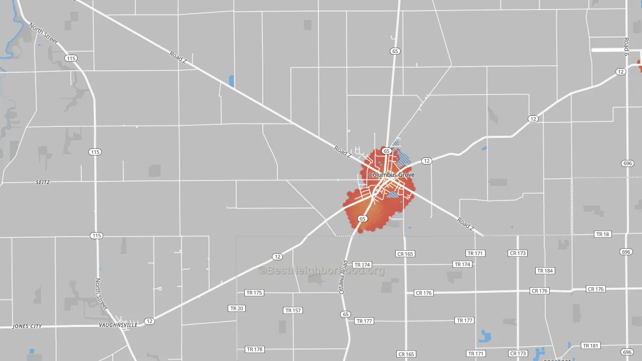 Walk Grade map of Columbus Grove, OH, walkable areas in green and car-dependent areas in red