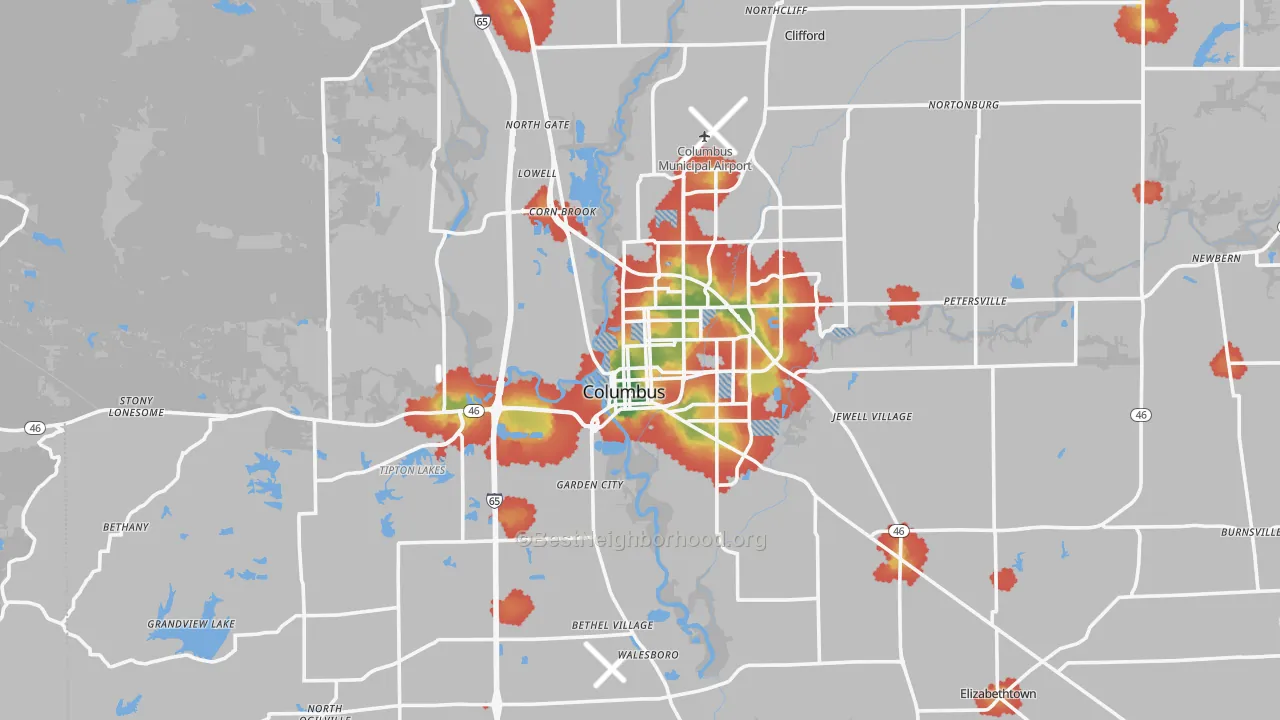 Walk Grade map of Columbus, IN, walkable areas in green and car-dependent areas in red