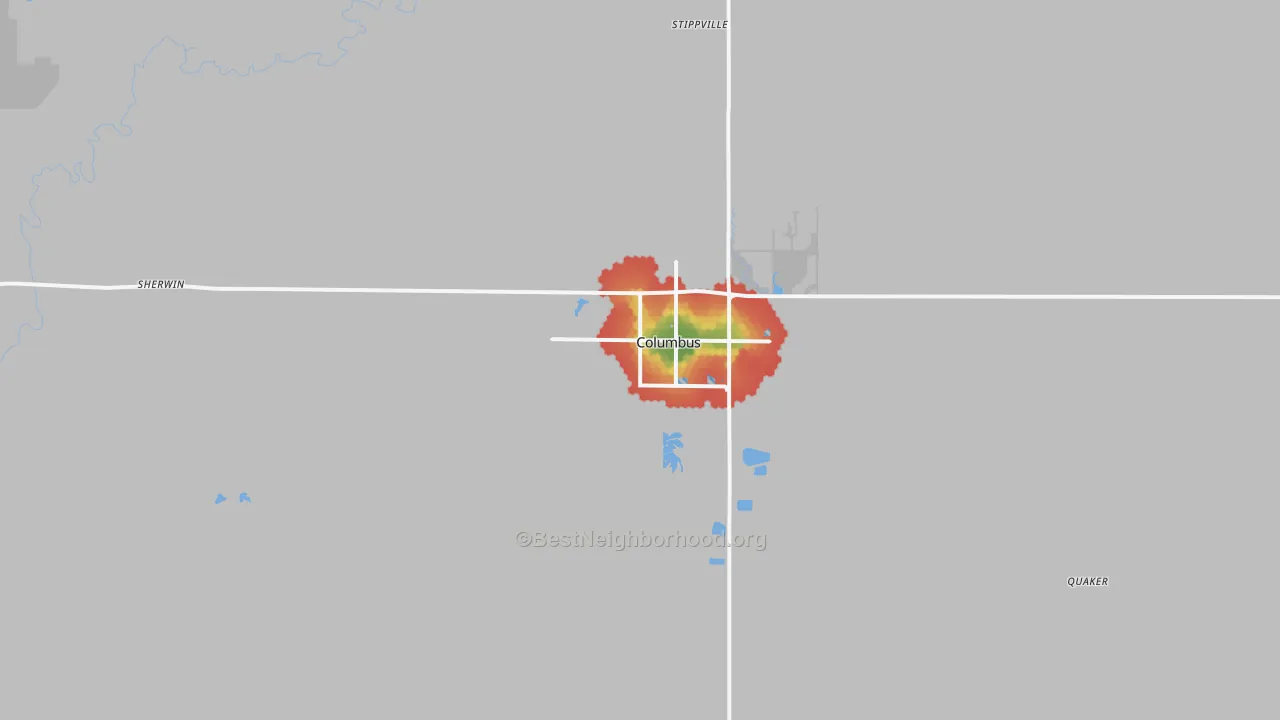 Walk Grade map of Columbus, KS, walkable areas in green and car-dependent areas in red
