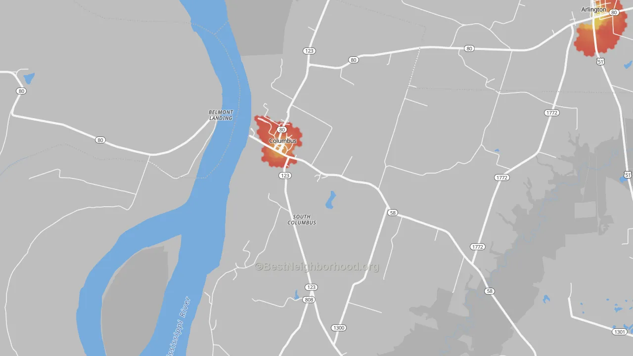 Walk Grade map of Columbus, KY, walkable areas in green and car-dependent areas in red