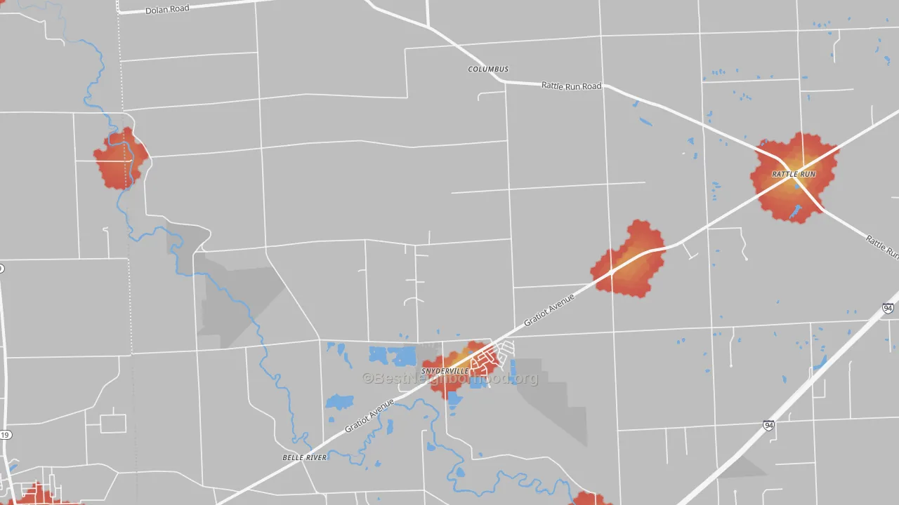 Walk Grade map of Columbus, MI, walkable areas in green and car-dependent areas in red