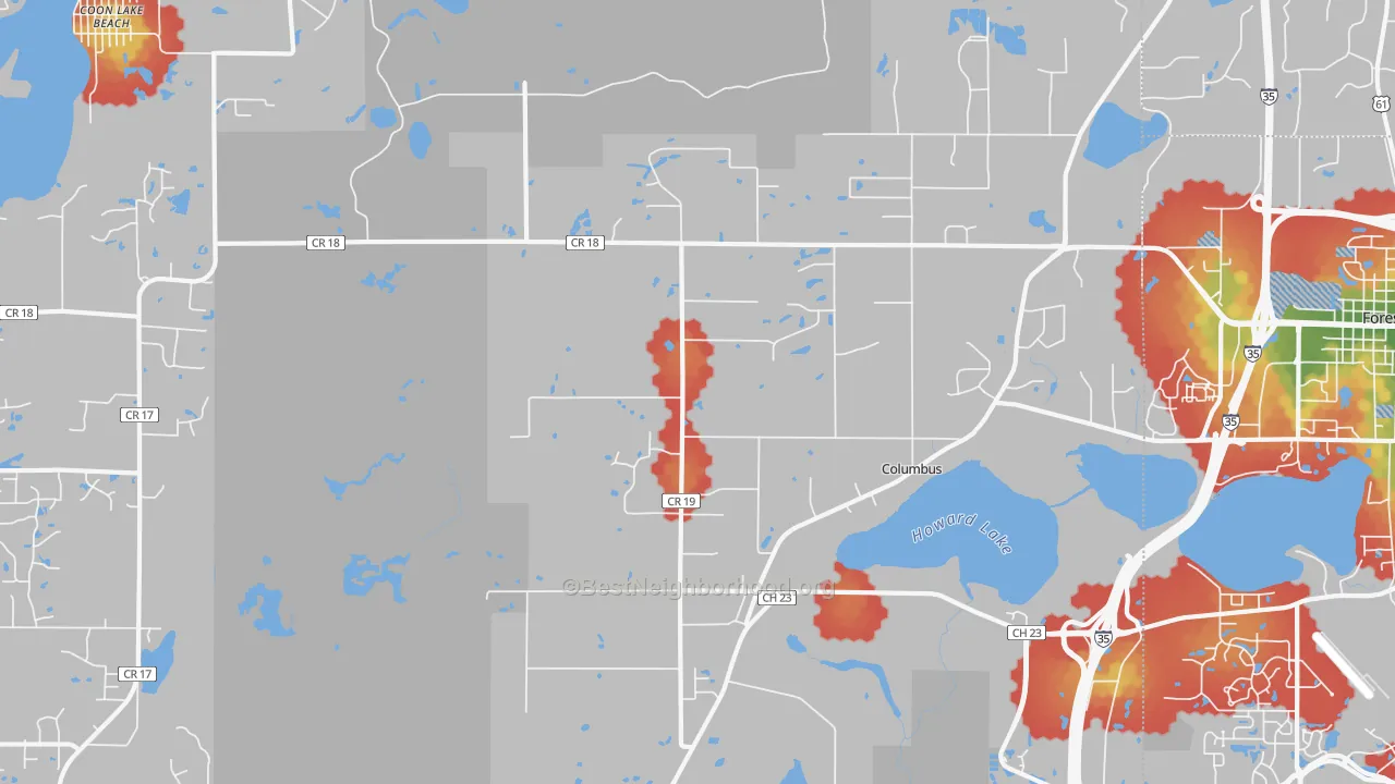 Walk Grade map of Columbus, MN, walkable areas in green and car-dependent areas in red