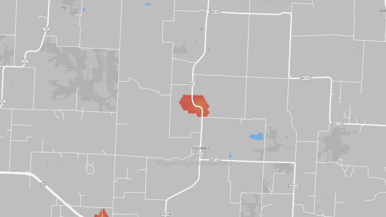 Walk Grade map of Columbus, MO, walkable areas in green and car-dependent areas in red