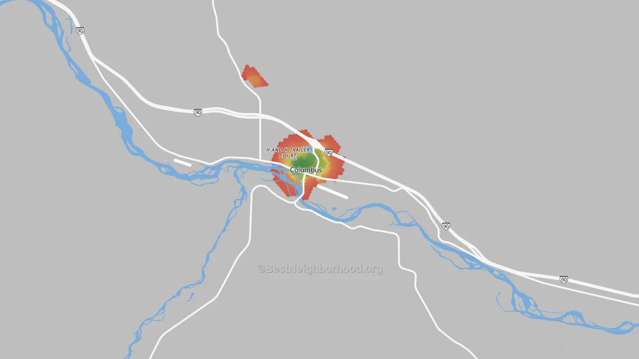 Walk Grade map of Columbus, MT, walkable areas in green and car-dependent areas in red