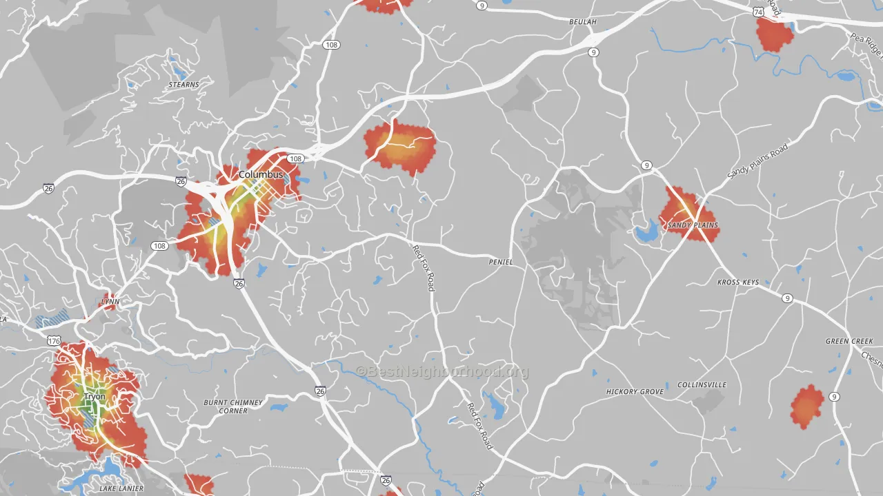 Walk Grade map of Columbus, NC, walkable areas in green and car-dependent areas in red