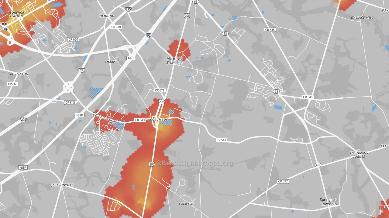 Walk Grade map of Columbus, NJ, walkable areas in green and car-dependent areas in red