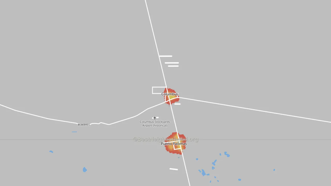 Walk Grade map of Columbus, NM, walkable areas in green and car-dependent areas in red
