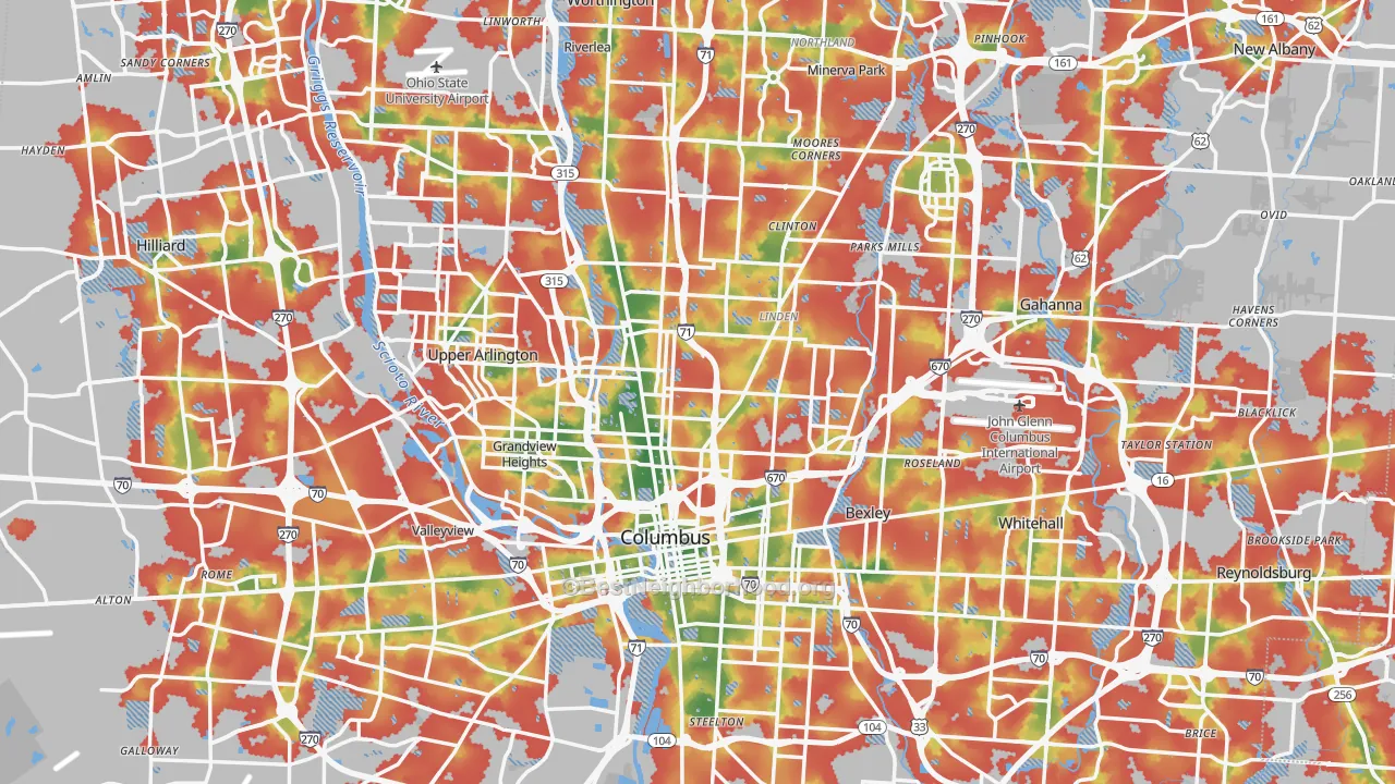 Walk Grade map of Columbus, OH, walkable areas in green and car-dependent areas in red