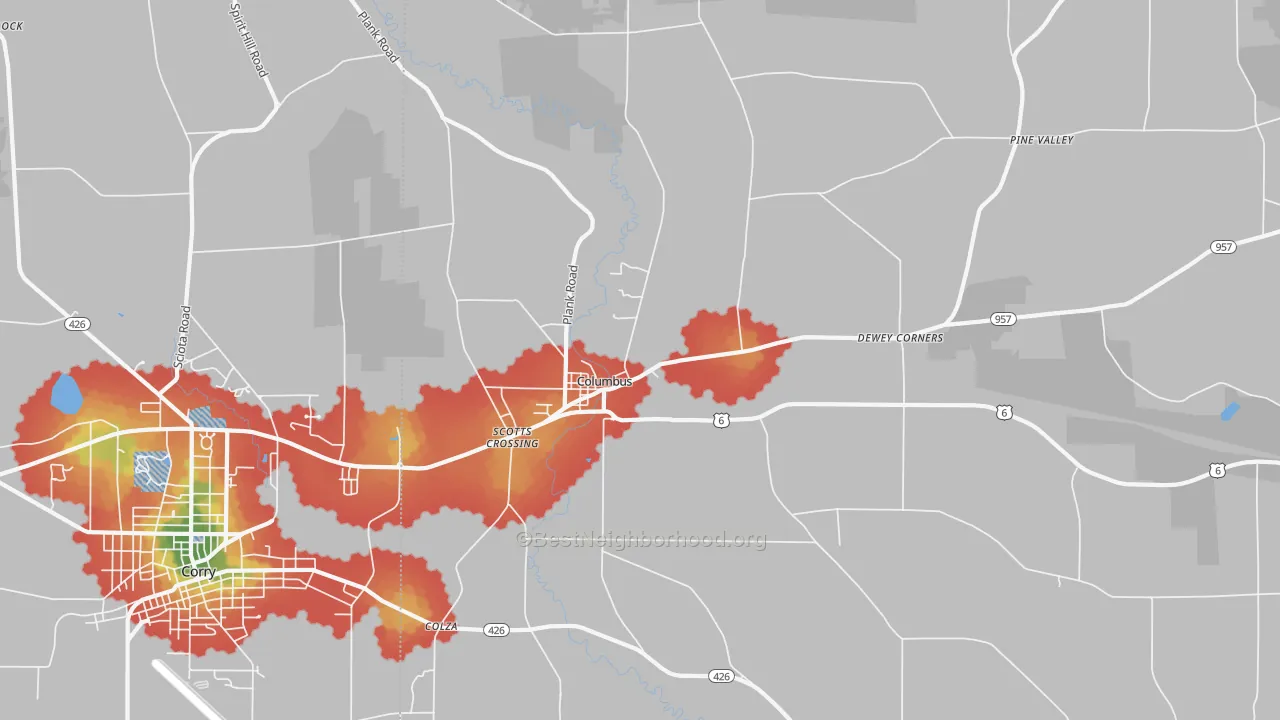 Walk Grade map of Columbus, PA, walkable areas in green and car-dependent areas in red
